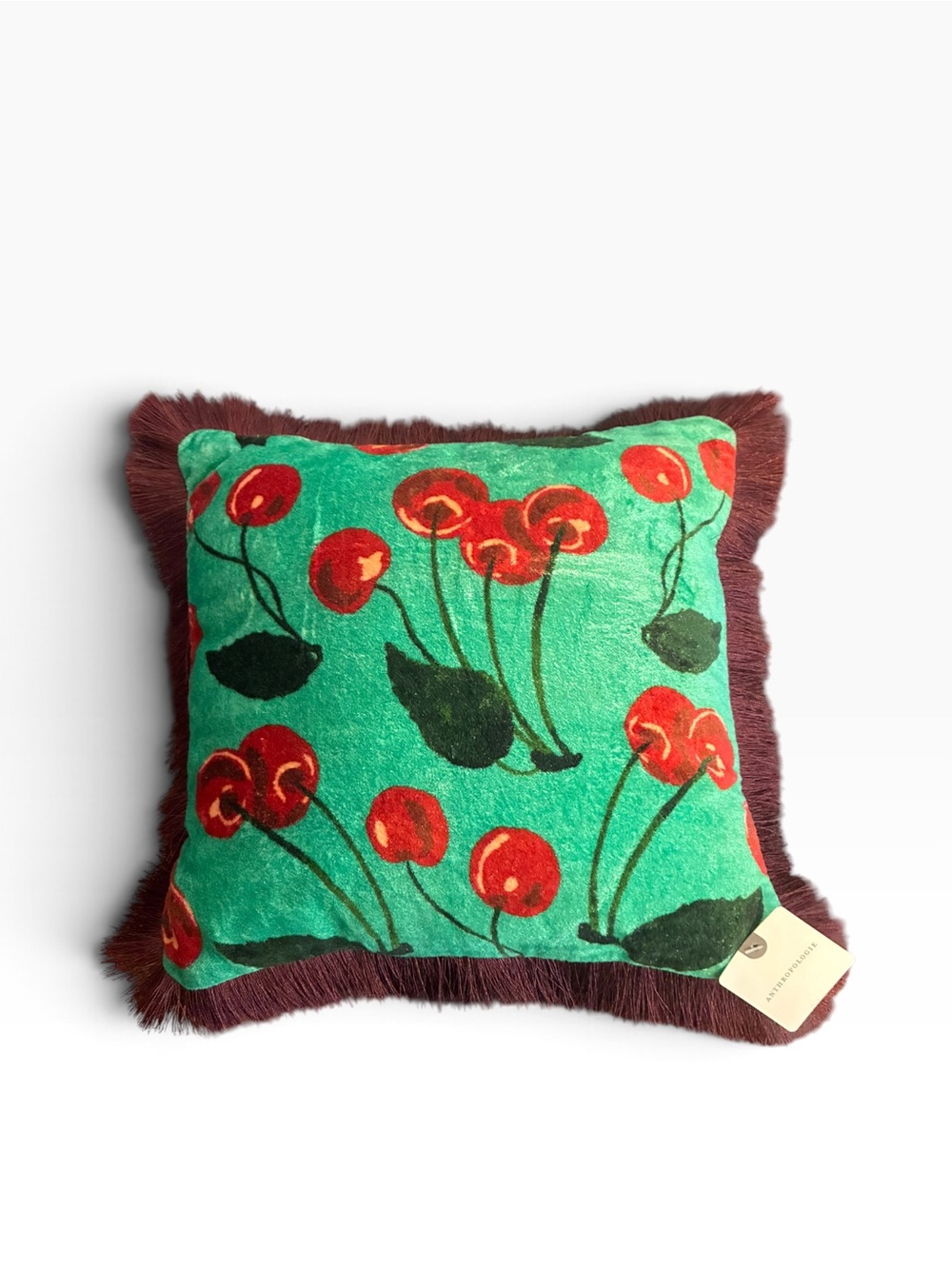 Anthropologie Velvet Cherry Print Throw Pillow Teal Green Burgundy Fringe New